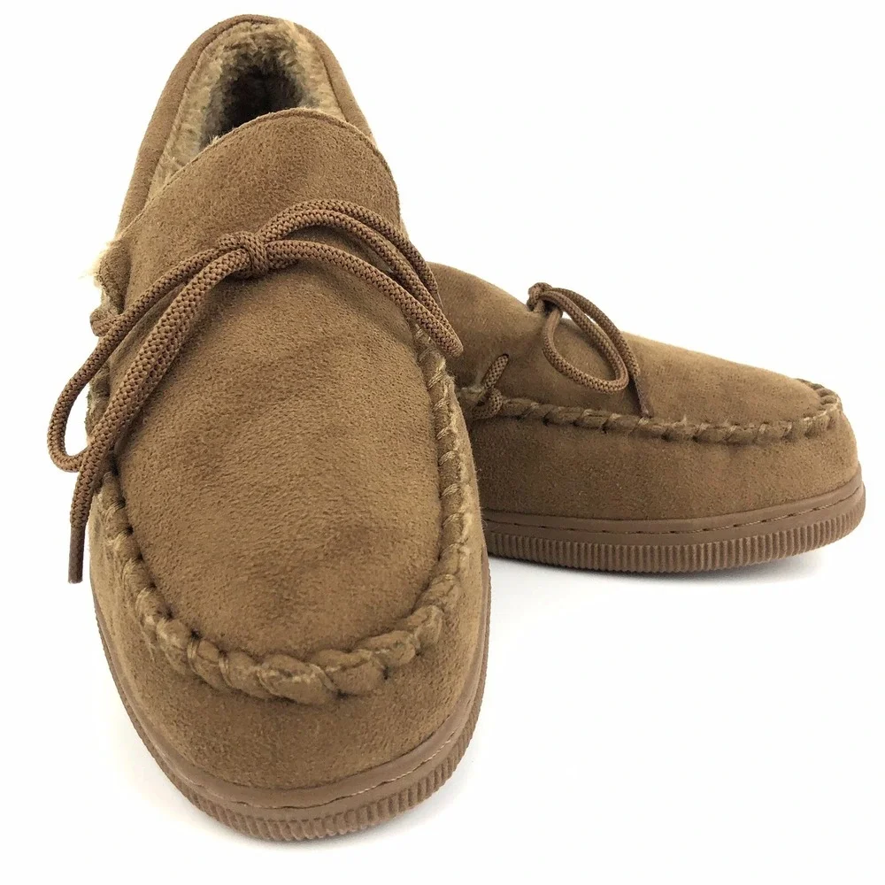 Oxford & Finch Slippers Mens Size 12 Hickory Brown Faux Fur Rubber Sole Moccasin